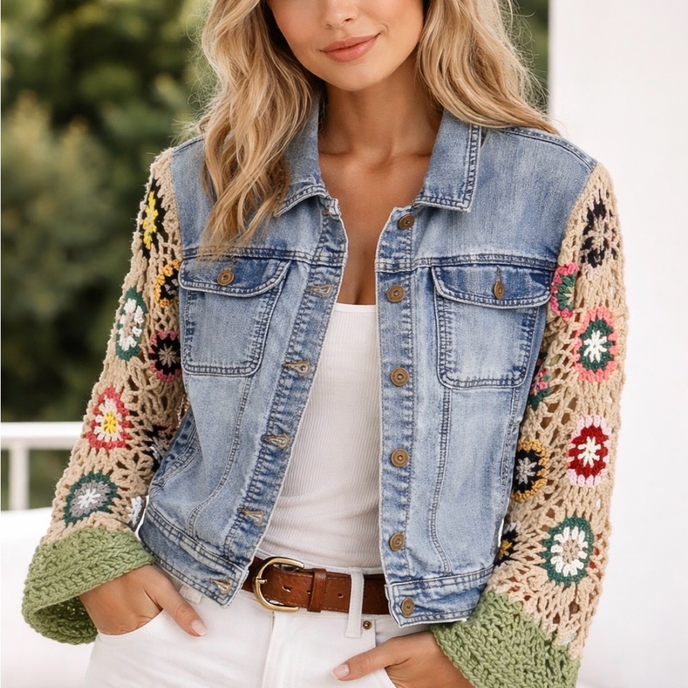 Denim Jacket with Crochet Sleeves
“Handwoven Blues”